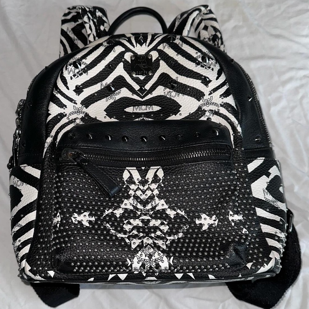 MCM Leather Visetos Studded Zebra Print Backpack